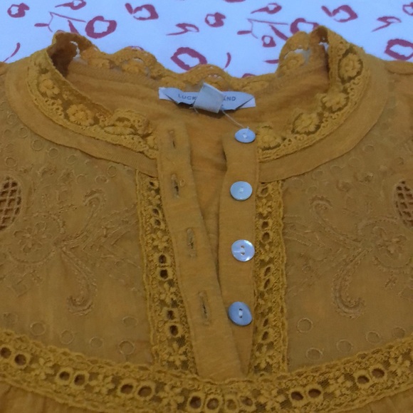 Lucky Brand Mustard Yellow Bohemian Embroidered Blouse Womens Size S/P - Picture 3 of 12